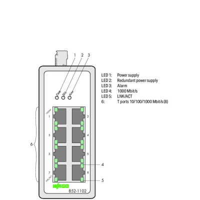 Switch Industrial / 8 Puertos Gigabit 1000Base-T / Alimentación Redundante 9-57V DC / Carcasa Metálica IP30 / Rango Temperatura -40°C a +70°C / Montaje Carril DIN / Store and Forward