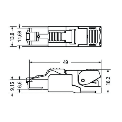 Conector Ethernet RJ-45 / Cat. 6A / Axial / Código T568A / AWG 22 / 10 Gbps / IP20 / -40°C a +85°C