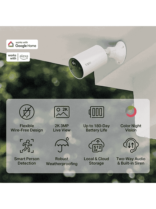 TP-LINK TAPO C410 Cámara de Seguridad Inteligente Exterior 3MP-2K, Soporta Micro SD 512 GB, Visión nocturna a color, Identifica personas, IP65. Soporta Tapo Care (Nube) Bateria con funcionamiento de 180 días.  ( Compatible Celda TPL0150028 / TAPO A201)