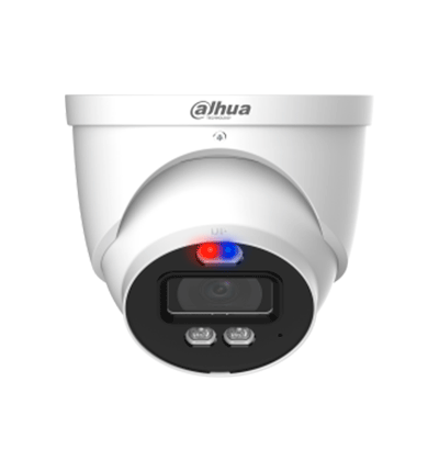 Dahua HAC-ME1239HN-A-PV - Cámara Domo TiOC de 2 Megapixeles/ Disuasion Activa Luz Roja y Azul/  Lente de 3.6 mm/ Super Adapt/ Microfono y Altavoz Integrados/ 40 Metros de Iluminación (IR y Cálida)/ Metalica/ IP67/