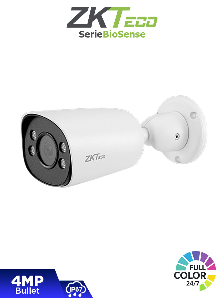 ZKTECO BS-854C31C-S4-C-MI-S – Cámara IP Bullet Full Color de 4 MP, Serie BioSense, Lente 2.8 mm, Micrófono Integrado, Video Analítico IVA, Visión nocturna a color hasta 30 m, PoE, IP67, Onvif y Carcasa Metálica