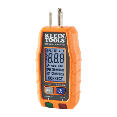 Probador de Tomacorrientes con Interruptor de Falla a Tierra (GFCI) con pantalla LCD.