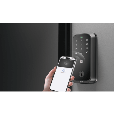 Cerradura Inteligente con Huella Digital LNDU HK01W / WiFi Integrado / Compatible Apple HomeKit / Teclado Táctil / 8 Baterías AA / Escaneo iPhone-Apple Watch-Fob / Bloqueo Manual y Automático / Exterior IP54