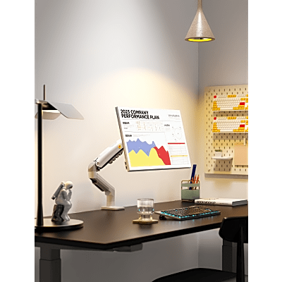 Brazo Ajustable para Monitor Ergonómico / Compatible con Monitores de 17" - 30" / Capacidad de Peso hasta 9 kg / Rotación 360° / Inclinación +85° a  -30° / Giro 180° / Ajuste de Resorte de Gas / Color Blanco