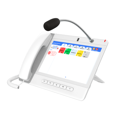 Teléfono IP Color Blanco Android 9.0 Empresarial para voceo 20 líneas SIP, pantalla táctil, Wi-Fi y Bluetooth, PoE, Voceo/ Musica por Multicast, puertos Gigabit, Sofware de Enfermeria
