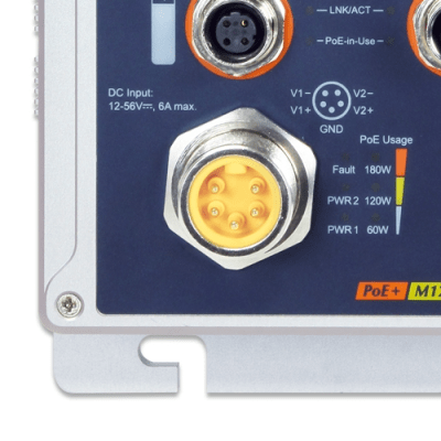 Switch Industrial IP67 8 Puertos 10/100TX M12 / IEEE 802.3at PoE+ / 180W PoE Budget / -40~75°C / Aluminio / DIN-Rail y Montaje en Pared /  Protección ESD y Sobretensiones de 6KV