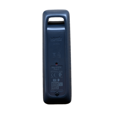 Control remoto 5 canales para motores de persiana Somfy con señal inalámbrica, instrucciones: sube, baja y detener, con posición favorita programada.