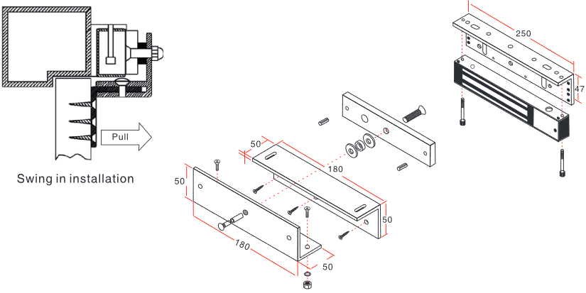 YLI MBK350ZLW - Soporte de electroiman de 350 Kg para puerta con apertura interior / Tipo Z / Compatible con YM350WS clave 76006