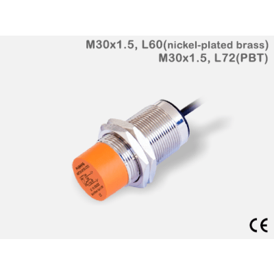 Sensor de Proximidad Capacitivo CBT30-N15PA-D3Y2 / M30 / 15 mm Detección / PNP N.O. / DC 12-24V / IP67 / Cable 2M / Protección Cortocircuito y Polaridad Inversa / −20 a +60°C