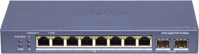 Switch PoE+ / Administrable / 8 Puertos 1000 Mbps PoE+/ 2 Puertos SFP / Configuración Nube desde Hik-PartnerPro / Modo Extendido hasta 300 Metros / 110 W