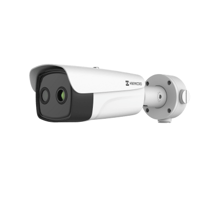 Bala IP Dual / Térmico 384 × 288 (15.4 mm) / Óptico 4 Megapixel (8 mm) / Termométrica / Detección de Temperatura / PoE+ / Exterior IP67 / IK10 / Recubrimiento Anticorrosivo / Micro SD
