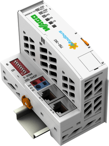 Acoplador de Bus de Campo Modbus TCP / 4ª Generación / 2 Puertos Ethernet 10/100 Mbps / Switch Integrado / Hasta 250 Módulos / IP20 / Montaje Carril DIN