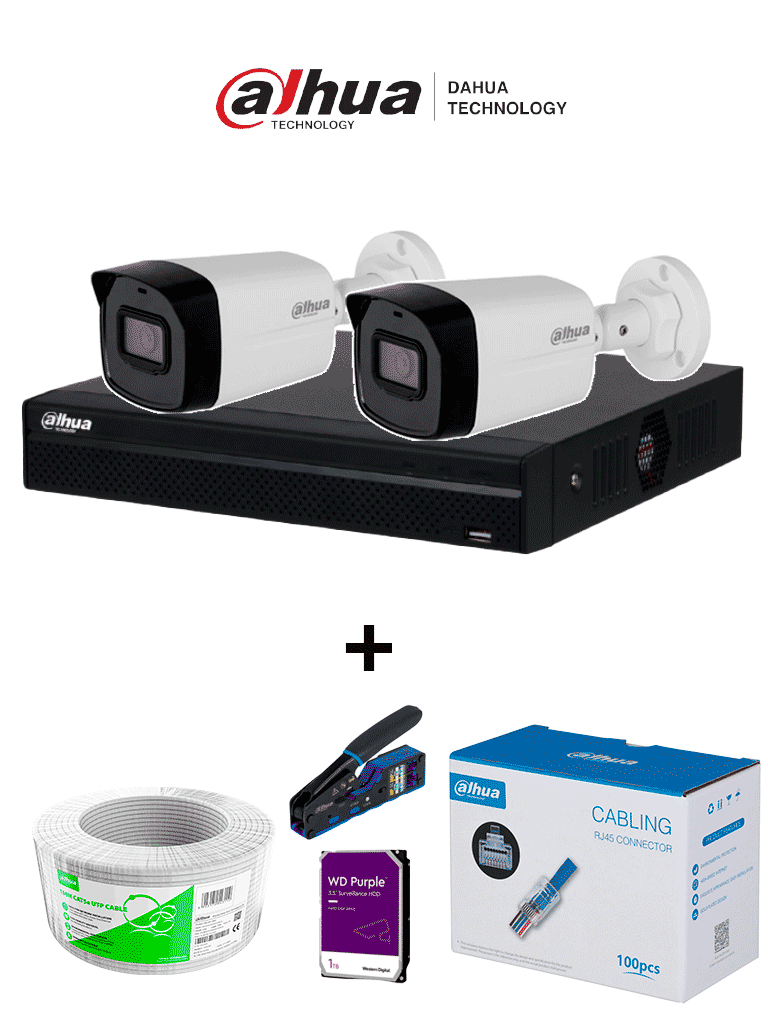 Bundle NVR+2BulletIP -Compra 1 NVR NVR1104HS-P-S3 de 4 Canales y llévate mas 2 cámaras IPC-B1E20  / Bobina de 100 metros/ Caja con 100 Plugs/ Pinza de corte  de Plugs/ Disco duro de 1TB/