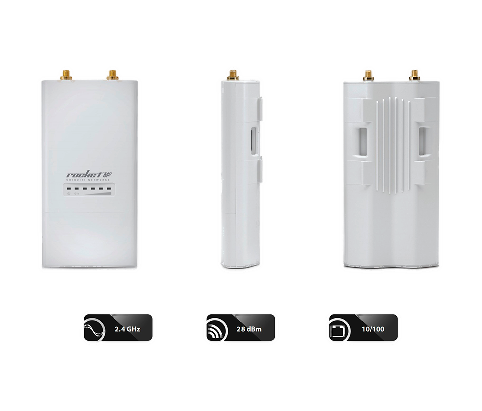UBIQUITI ROCKETM2 - Radio Airmax 2.4GHz para exteriores con conectores RP-SMA, MIMO, potencia de 28 dBm y rendimiento de hasta 150 Mbps.