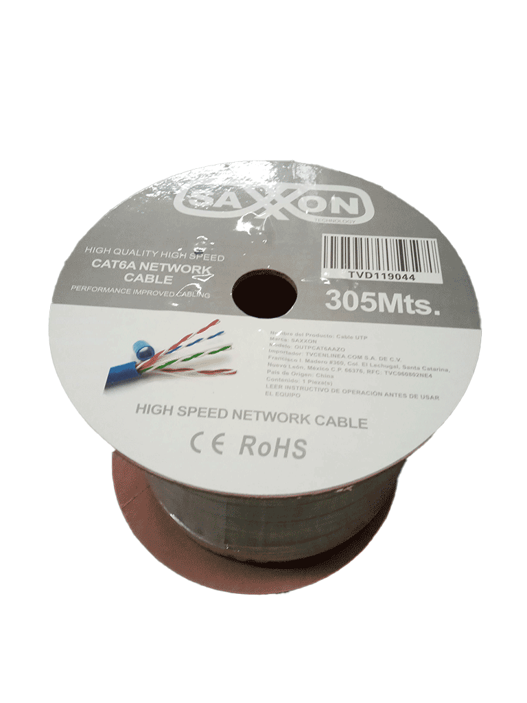 SAXXON OUTPCAT6AAZO - Bobina de Cable UTP Cat6A 100% Cobre/ 305 Metros/ Uso Interior/ Color Azul/ Categoría 6A/ 4 Pares/ Soporta Estandares: YD / T1019-2001, ISO / IEC 11801, ANSI / TIA / EIA-568/ Ideal para Cableado de Redes/