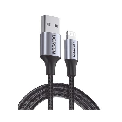 Cable USB-A a Lightning | 1 Metro (3.28 Pies) | Certificado MFi | Carga Rápida 5V/2.4 A | 480 Mbps | Conector C94 | Adecuado para iPhone, iPad y iPod | Protección Integrada | Caja de Aluminio | Nylon Trenzado | Color Negro