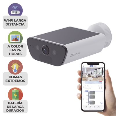 Camara de Bateria con Panel Solar Integrado / 4K Resolucion / WI-FI 6 / Vision Nocturna / Detección Humana y de Vehiculos / Batería de 10400 MAH / IP65