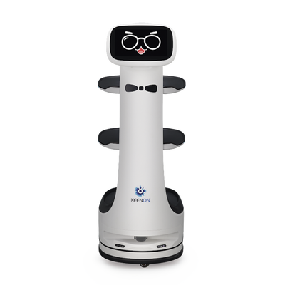 Robot de Entrega Dinerbot T8 / Compacto 38.4x46.8x111.1 cm (15.1x18.4x43.7 in) / Velocidad 1.0 m/s / Pantalla Táctil 10.1" / 3 Capas / Capacidad 20 kg (44 lbs) / Batería 15-18 Horas